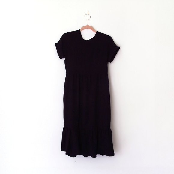 Allison Joy Black Midi Crepe Dress Ruffle Hem Short Rolled Sleeve Evereve Becca - Picture 1 of 7
